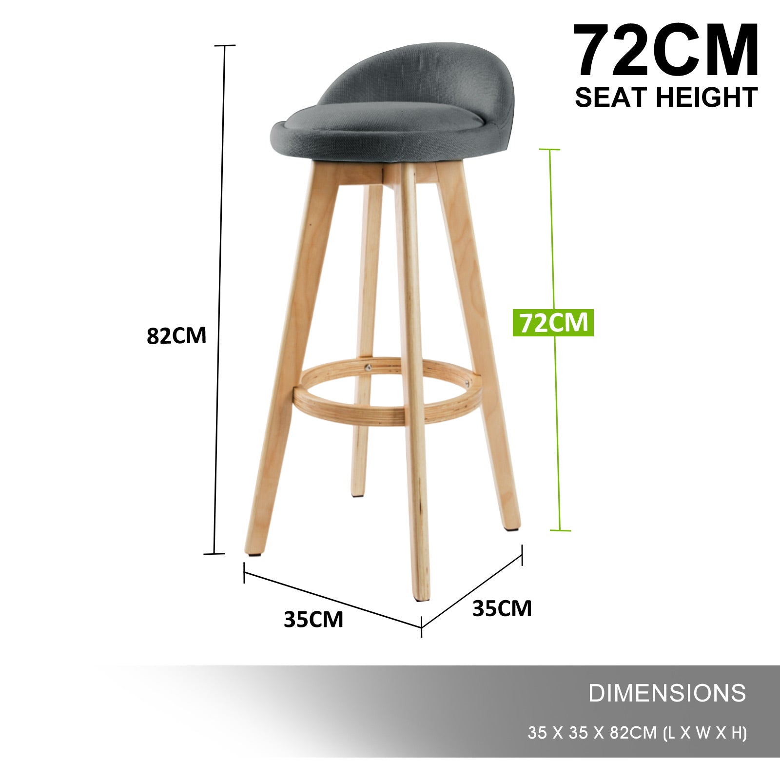 2X Wooden Bar Stool Dining Chair Fabric LEILA 72cm GREY V274-FT-WBSFAB-82GY2
