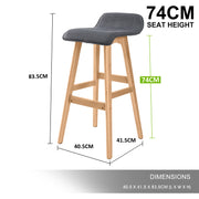 2X Wooden Bar Stool Dining Chair Fabric SOPHIA 74cm GREY V274-FT-WBSFAB-84GY2