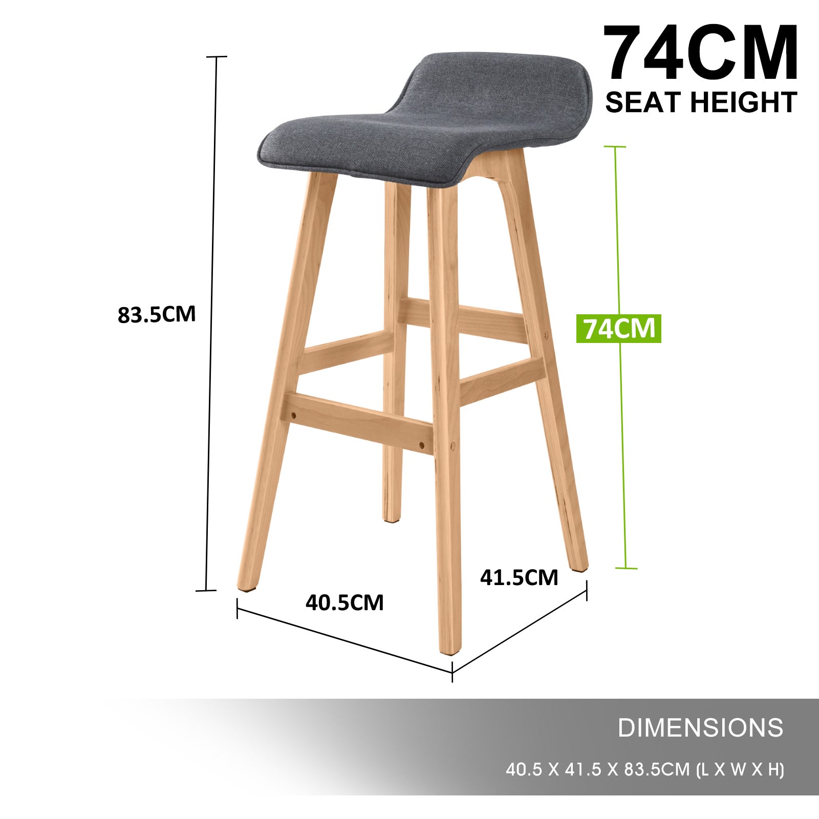 2X Wooden Bar Stool Dining Chair Fabric SOPHIA 74cm GREY V274-FT-WBSFAB-84GY2