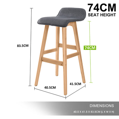 2X Wooden Bar Stool Dining Chair Fabric SOPHIA 74cm GREY V274-FT-WBSFAB-84GY2