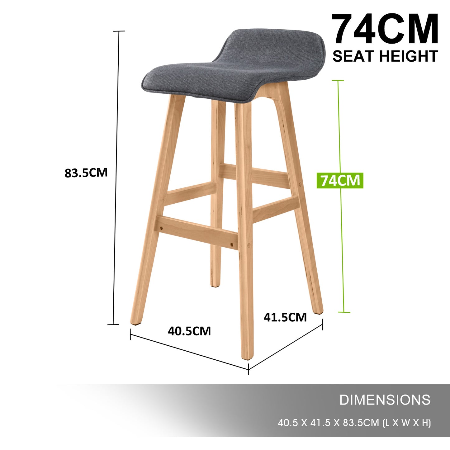 4X Wooden Bar Stool Dining Chair Fabric SOPHIA 74cm GREY V274-FT-WBSFAB-84GY4