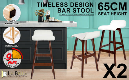 2X Wooden Bar Stool Dining Chair Leather SOPHIA 65cm WHITE BROWN V274-FT-WBSPU-75WH2-BNP