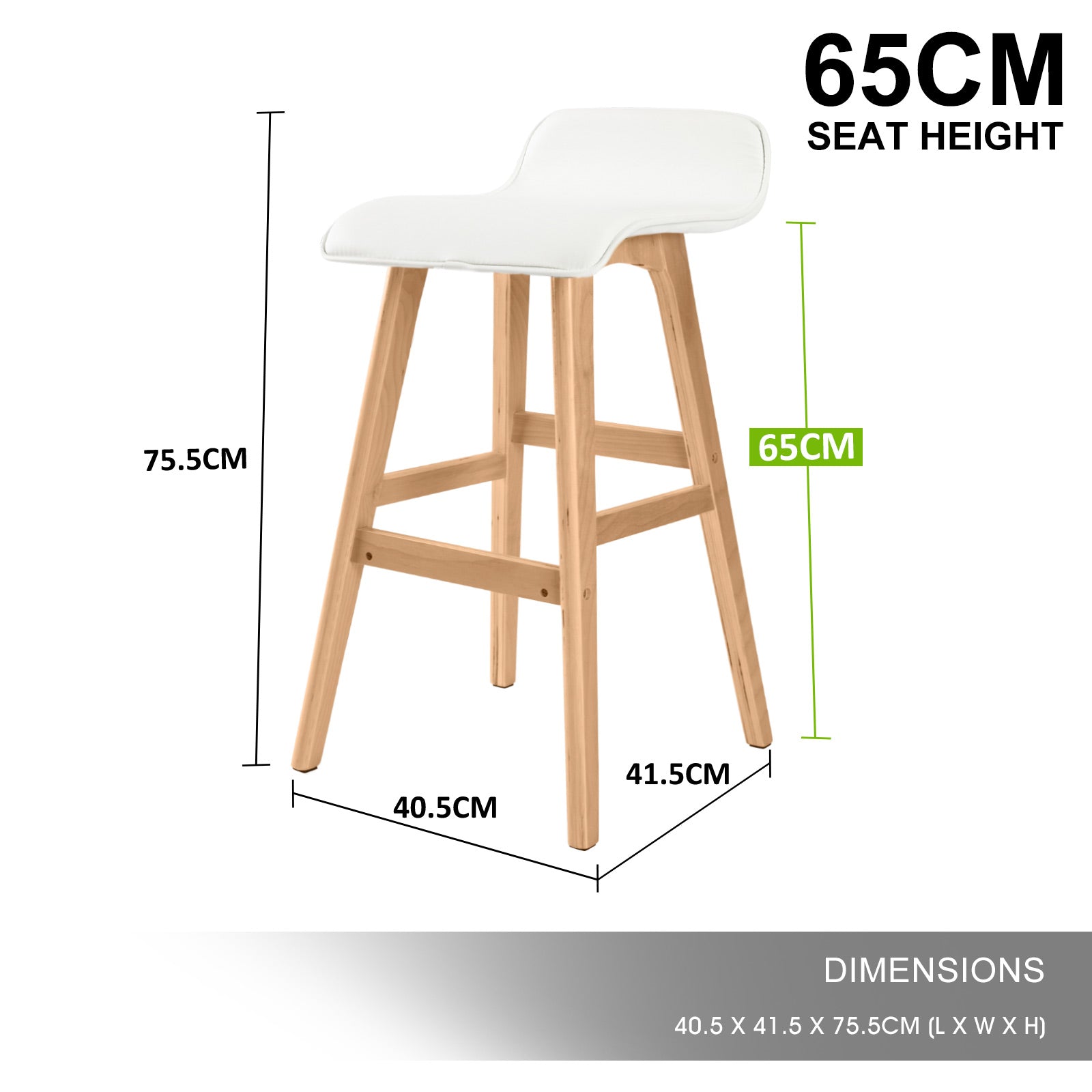2X Wooden Bar Stool Dining Chair Leather SOPHIA 65cm WHITE V274-FT-WBSPU-75WH2