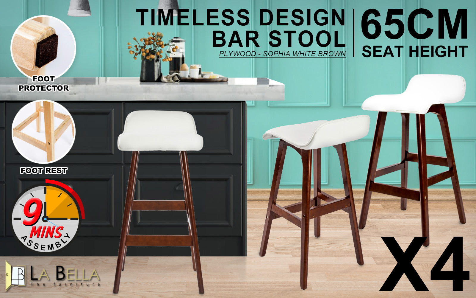 4X Wooden Bar Stool Dining Chair Leather SOPHIA 65cm WHITE BROWN V274-FT-WBSPU-75WH4-BNP