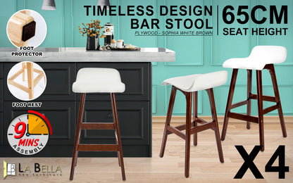 4X Wooden Bar Stool Dining Chair Leather SOPHIA 65cm WHITE BROWN V274-FT-WBSPU-75WH4-BNP
