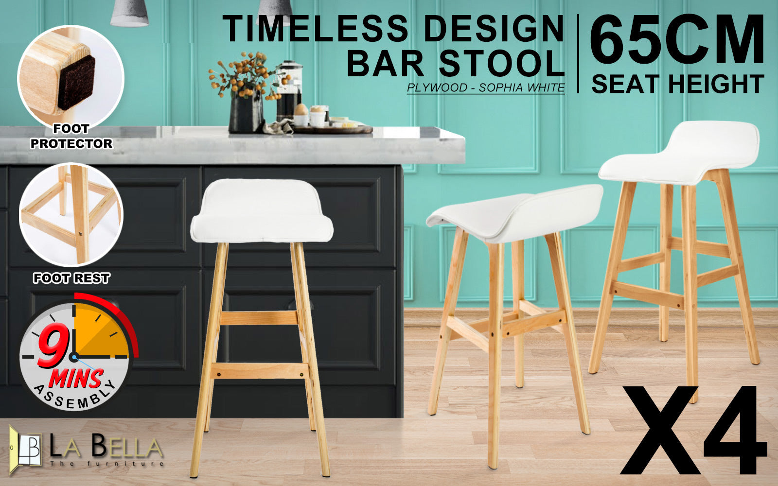 4X Wooden Bar Stool Dining Chair Leather SOPHIA 65cm WHITE V274-FT-WBSPU-75WH4