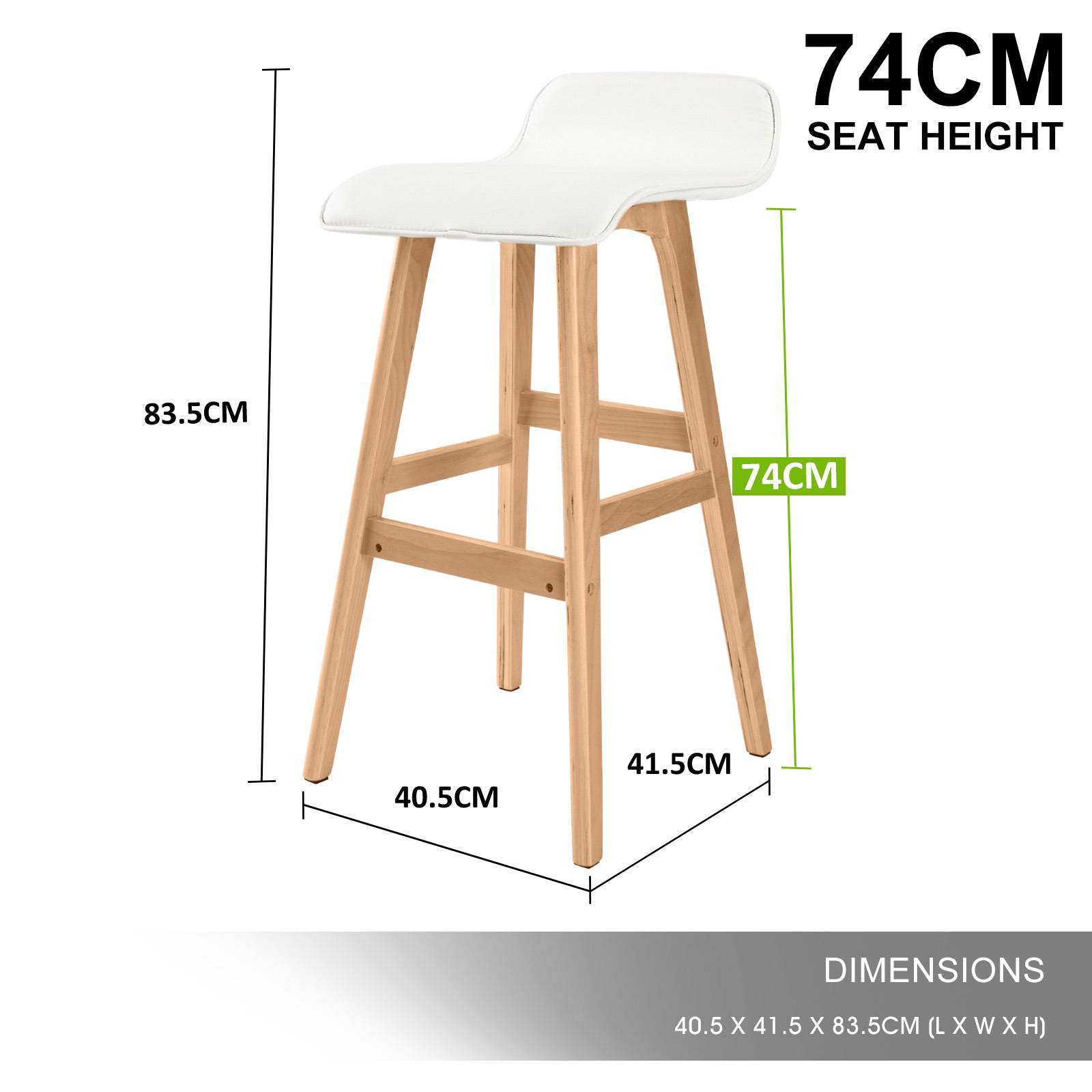 2X Wooden Bar Stool Dining Chair Leather SOPHIA 74cm WHITE V274-FT-WBSPU-84WH2