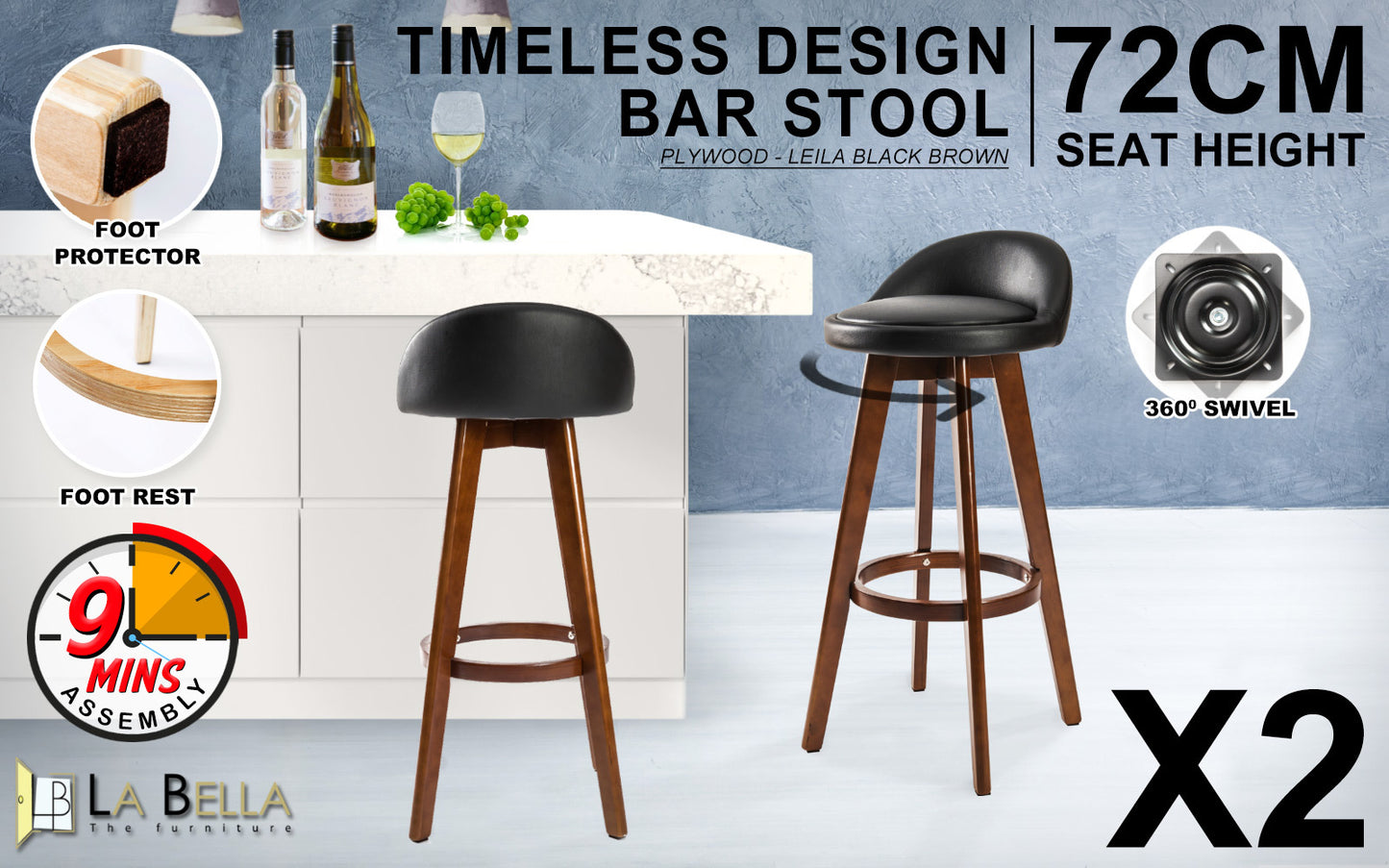 2X Wooden Bar Stool Dining Chair Leather LEILA 72cm BLACK BROWN V274-FT-WBSPVC-82BK2-BNP