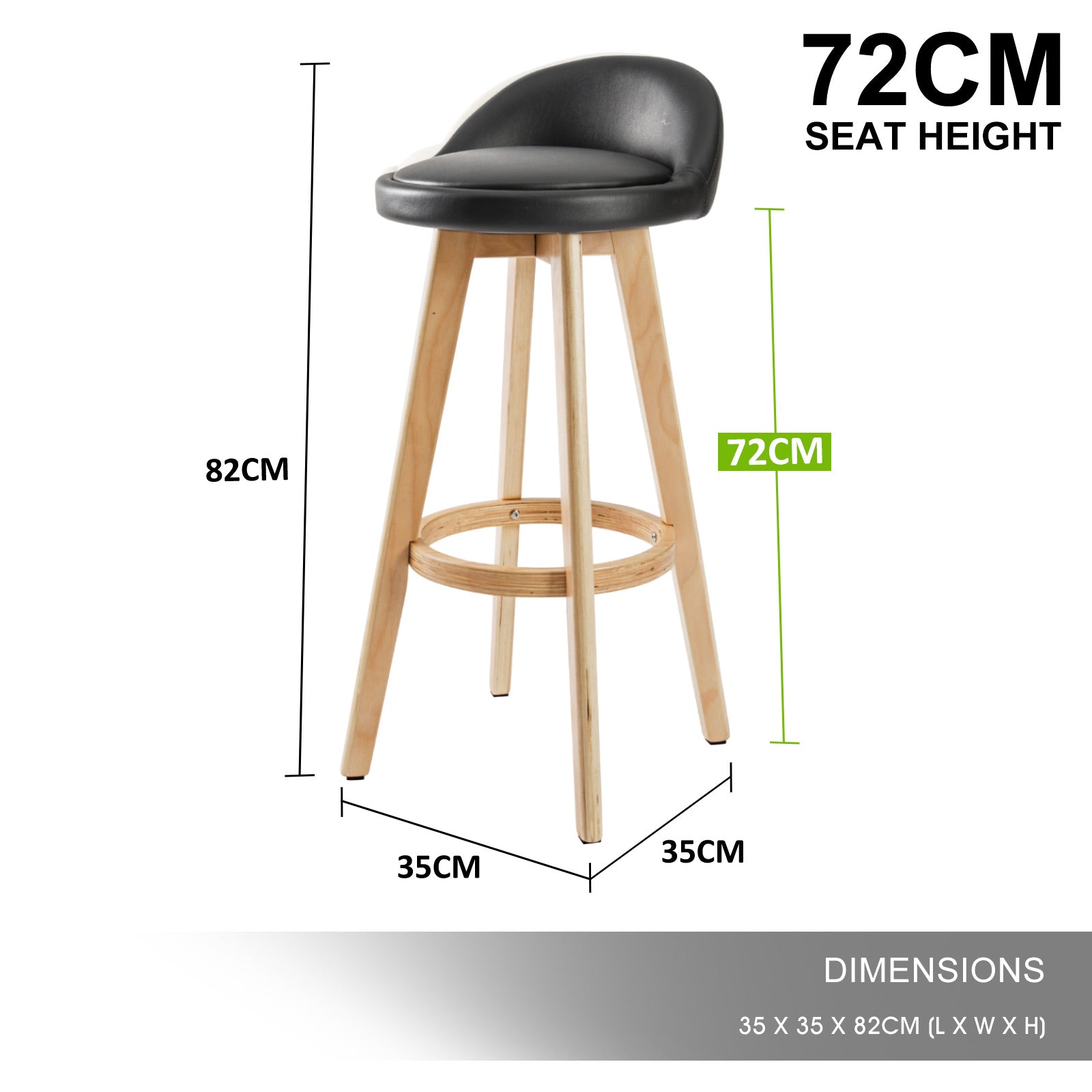 2X Wooden Bar Stool Dining Chair Leather LEILA 72cm BLACK V274-FT-WBSPVC-82BK2