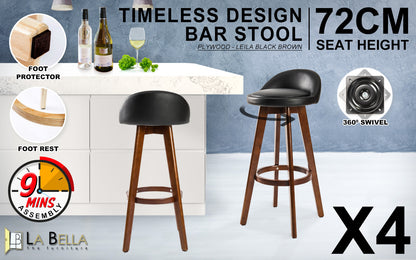 4X Wooden Bar Stool Dining Chair Leather LEILA 72cm BLACK BROWN V274-FT-WBSPVC-82BK4-BNP