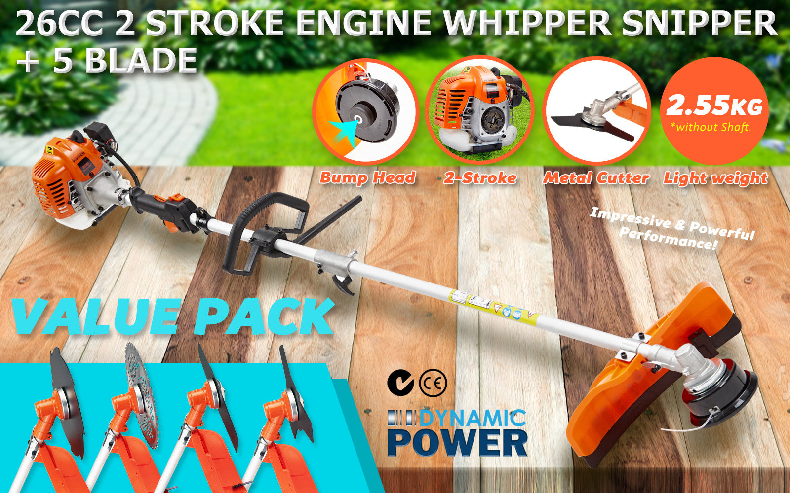 Dynamic Power 26cc Petrol Whipper Snipper Brush Cutter + 4 Blade V274-GN-BC2600-2-8-40