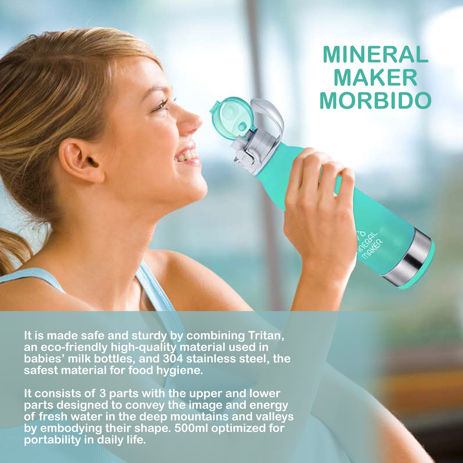 Mineral Maker MORBIDO Alkaline Filter Water Bottle + a Mineral Stone Pouch GREEN V274-HA-AM-MINBOT-MT