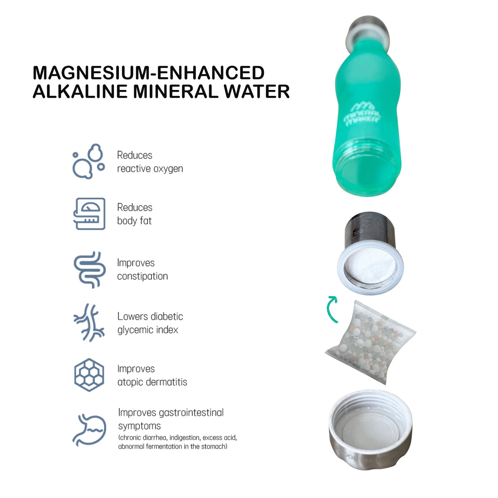 Mineral Maker MORBIDO Alkaline Filter Water Bottle + a Mineral Stone Pouch GREEN V274-HA-AM-MINBOT-MT