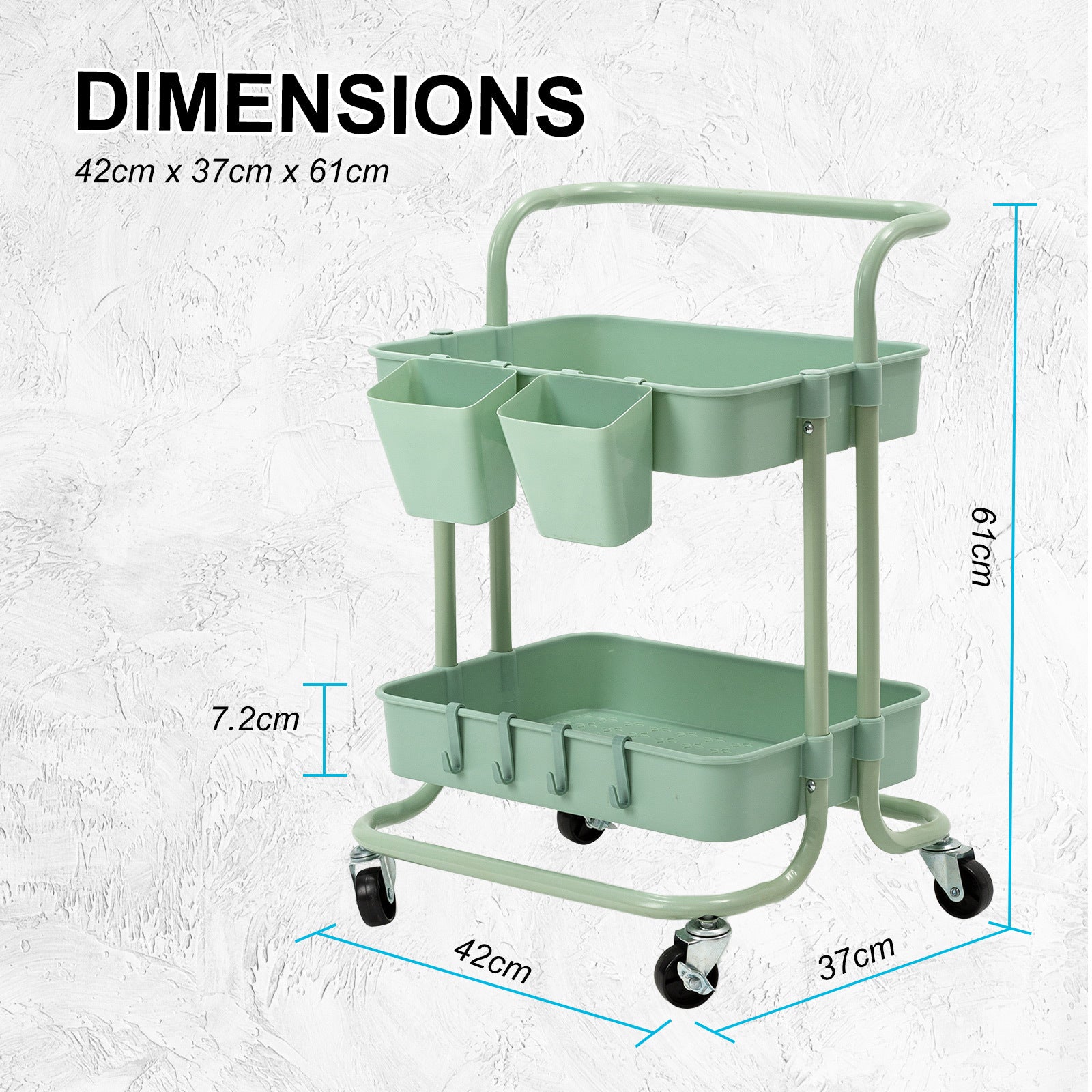 Trolley Cart Storage Utility Rack Shelf Organiser Swivel Kitchen 2 Tier GREEN V274-HA-GO36-TC-2GN