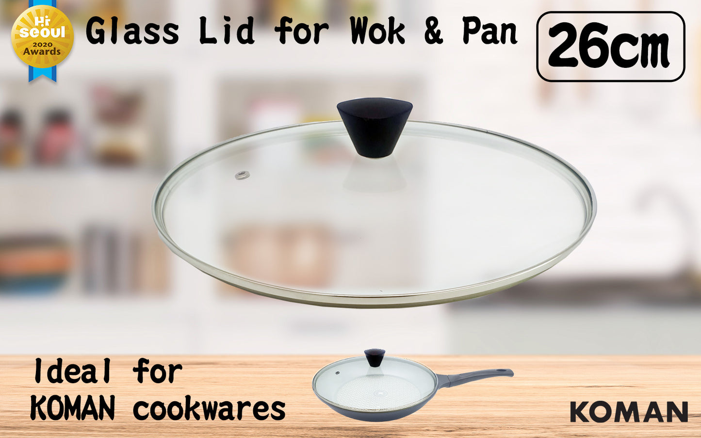 KOMAN Stainless Steel Glass Lid with Bakelite Handle - 26cm V274-HA-KO-26LID