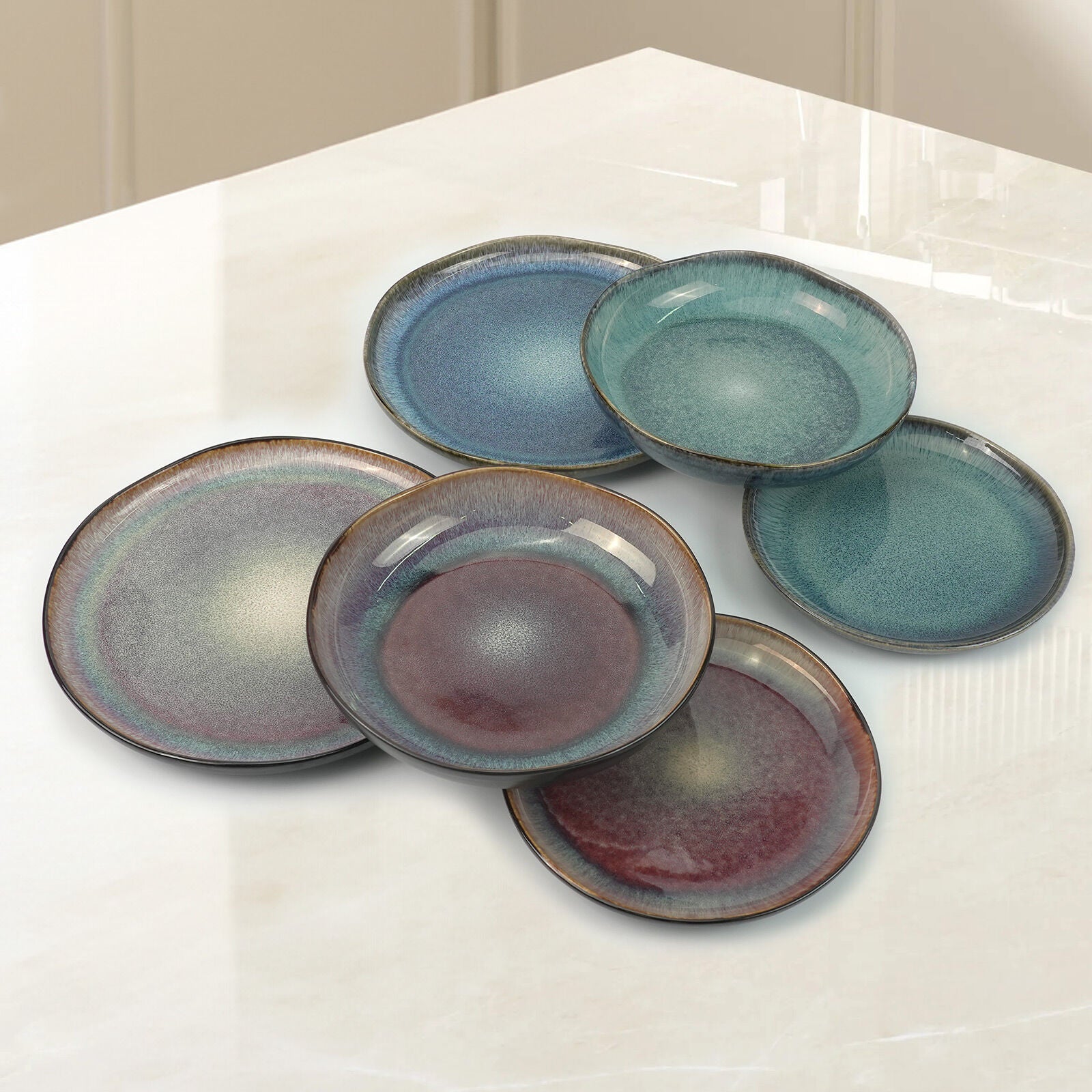 3 Pieces Reactive Glazed Ceramic Organic Fine Dinner Set with Plate and Bowl EARTHY AQUA V274-HA-LA-P0024301-BU