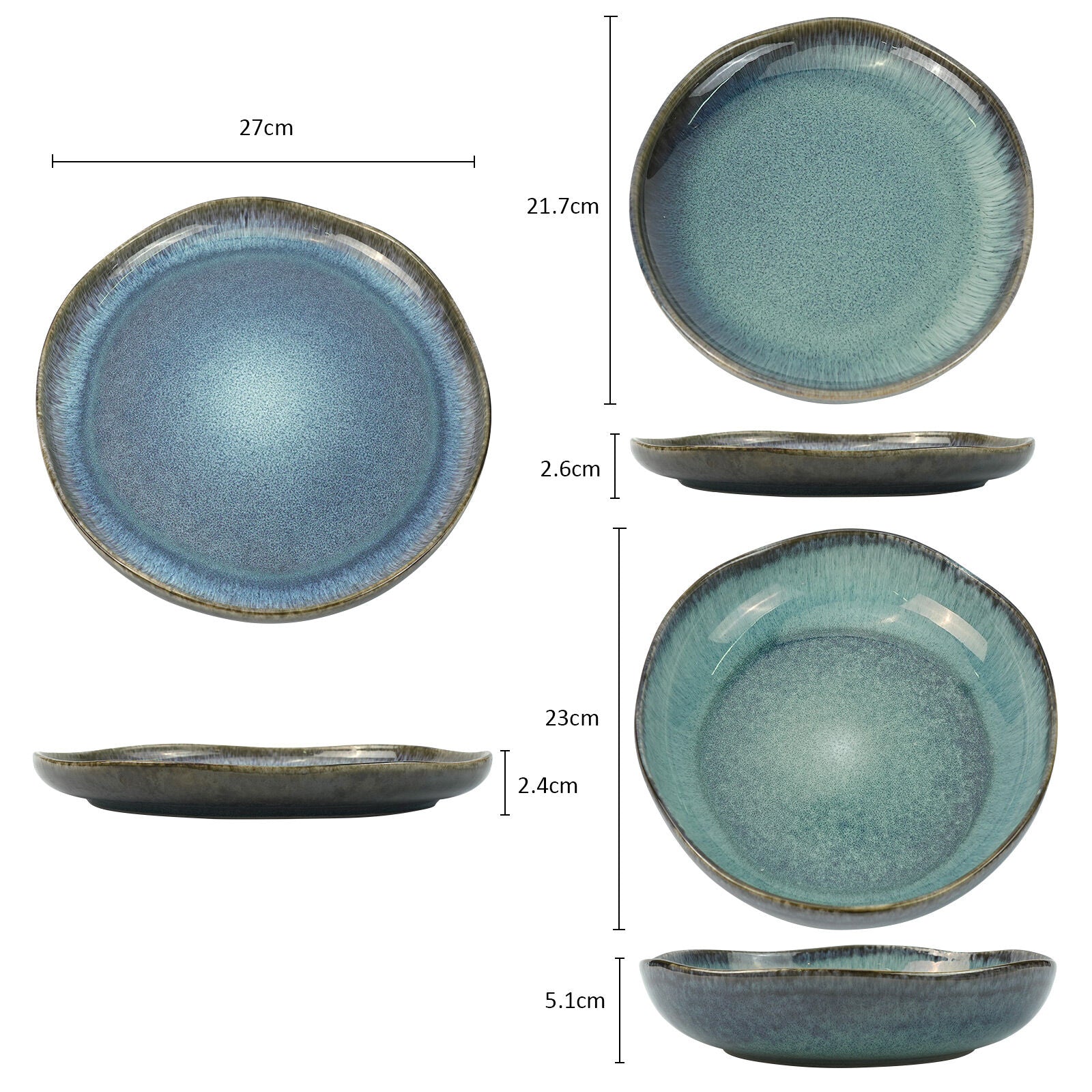 3 Pieces Reactive Glazed Ceramic Organic Fine Dinner Set with Plate and Bowl EARTHY AQUA V274-HA-LA-P0024301-BU