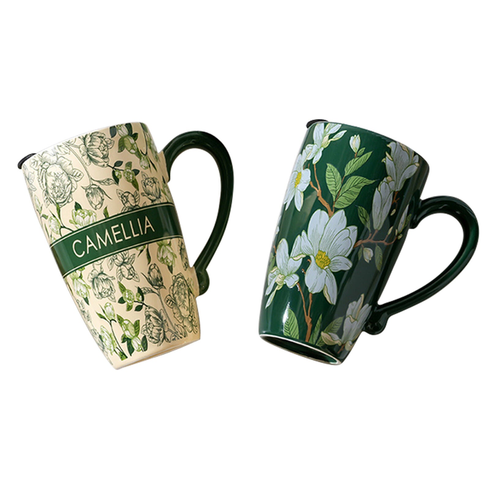 2X High-Fired Ceramic Porcelain Mug with Travel Lid 600ml Vintage Floral GREEN V274-HA-LA-P0024820-GNYE