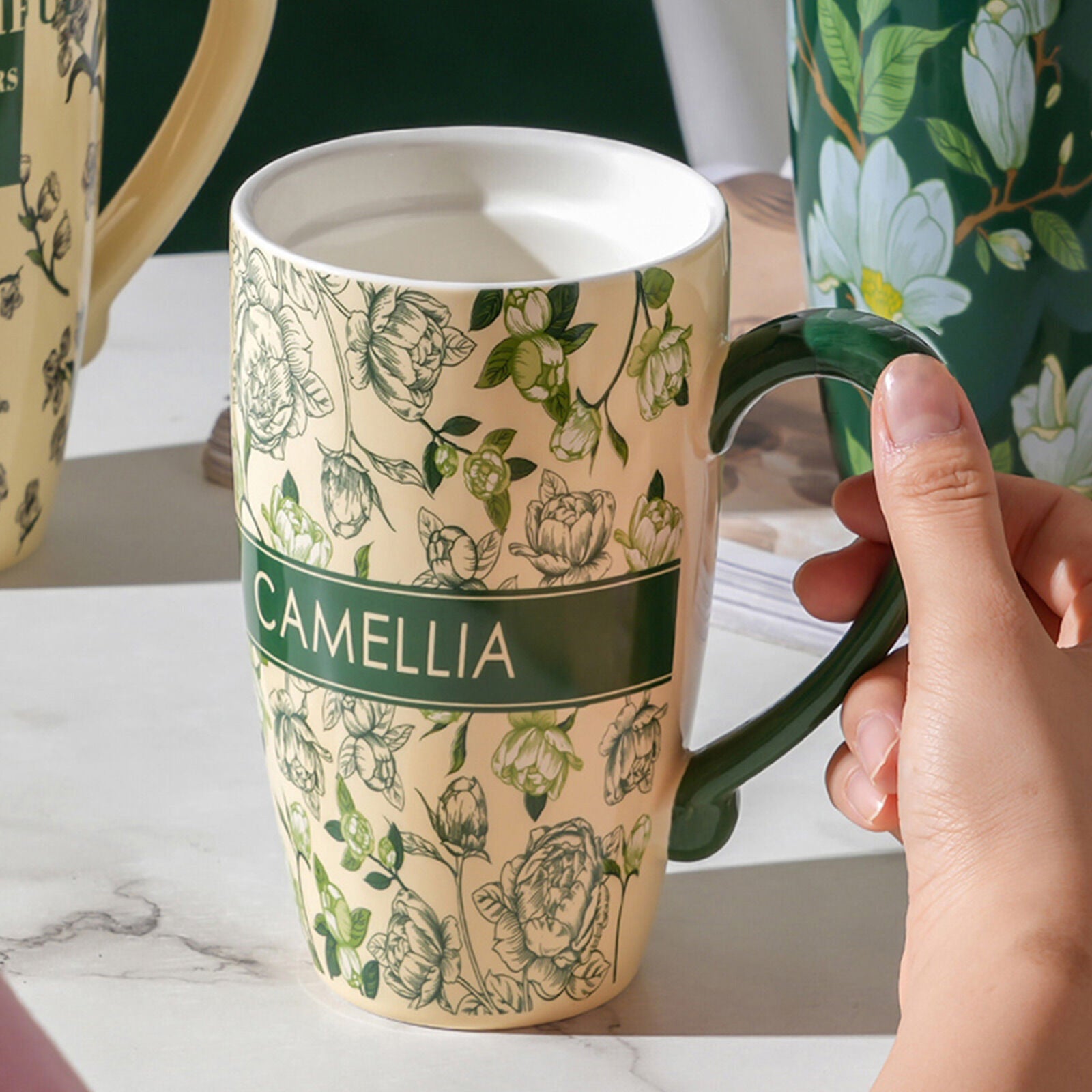 2X High-Fired Ceramic Porcelain Mug with Travel Lid 600ml Vintage Floral GREEN V274-HA-LA-P0024820-GNYE