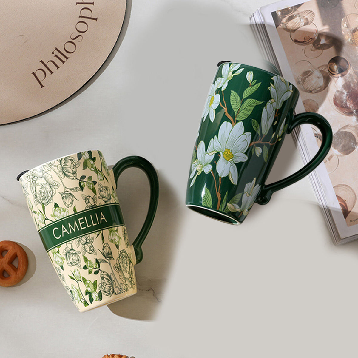2X High-Fired Ceramic Porcelain Mug with Travel Lid 600ml Vintage Floral GREEN V274-HA-LA-P0024820-GNYE