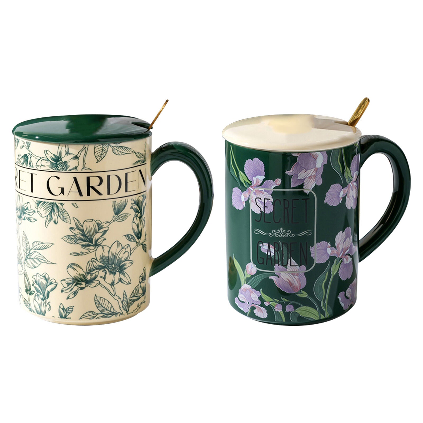 2X High-Fired Ceramic Porcelain Mug Set with Lid 400ml Vintage Floral Tea Spoon GREEN V274-HA-LA-P0024825-MUT