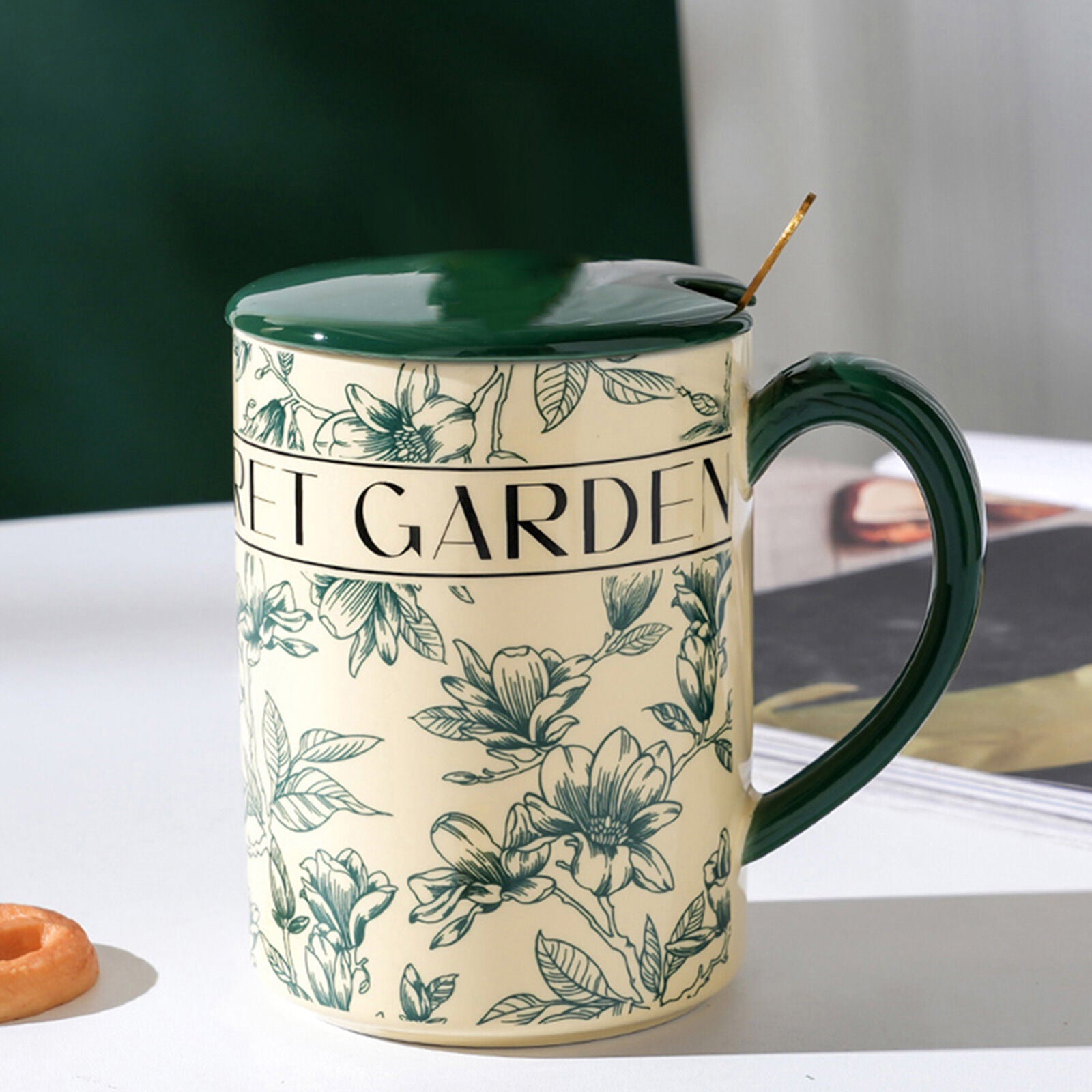 2X High-Fired Ceramic Porcelain Mug Set with Lid 400ml Vintage Floral Tea Spoon GREEN V274-HA-LA-P0024825-MUT