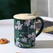 2X High-Fired Ceramic Porcelain Mug Set with Lid 400ml Vintage Floral Tea Spoon GREEN V274-HA-LA-P0024825-MUT