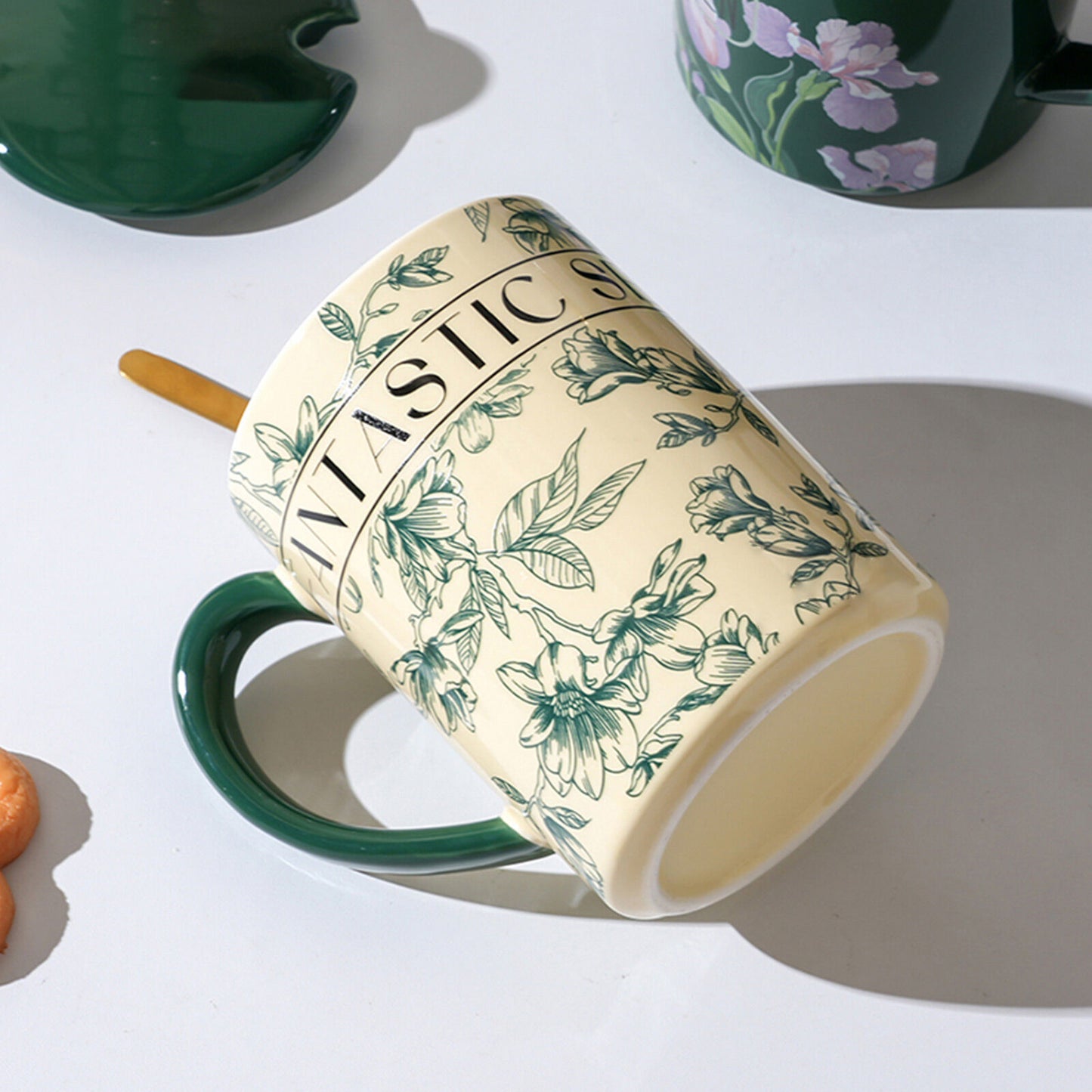 2X High-Fired Ceramic Porcelain Mug Set with Lid 400ml Vintage Floral Tea Spoon GREEN V274-HA-LA-P0024825-MUT
