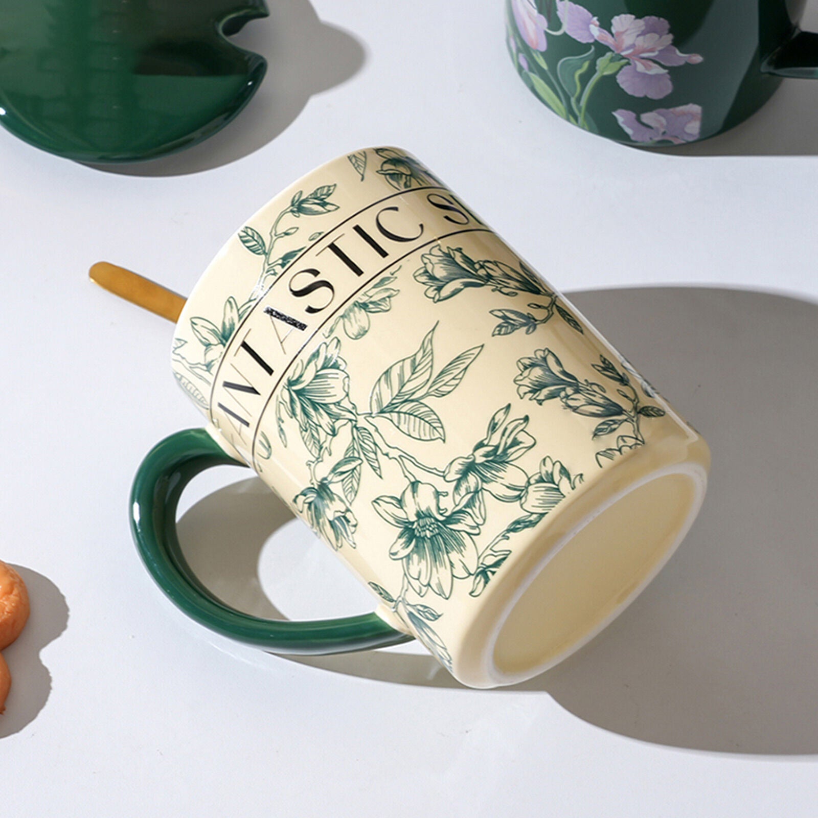 2X High-Fired Ceramic Porcelain Mug Set with Lid 400ml Vintage Floral Tea Spoon GREEN V274-HA-LA-P0024825-MUT