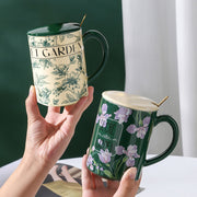 2X High-Fired Ceramic Porcelain Mug Set with Lid 400ml Vintage Floral Tea Spoon GREEN V274-HA-LA-P0024825-MUT