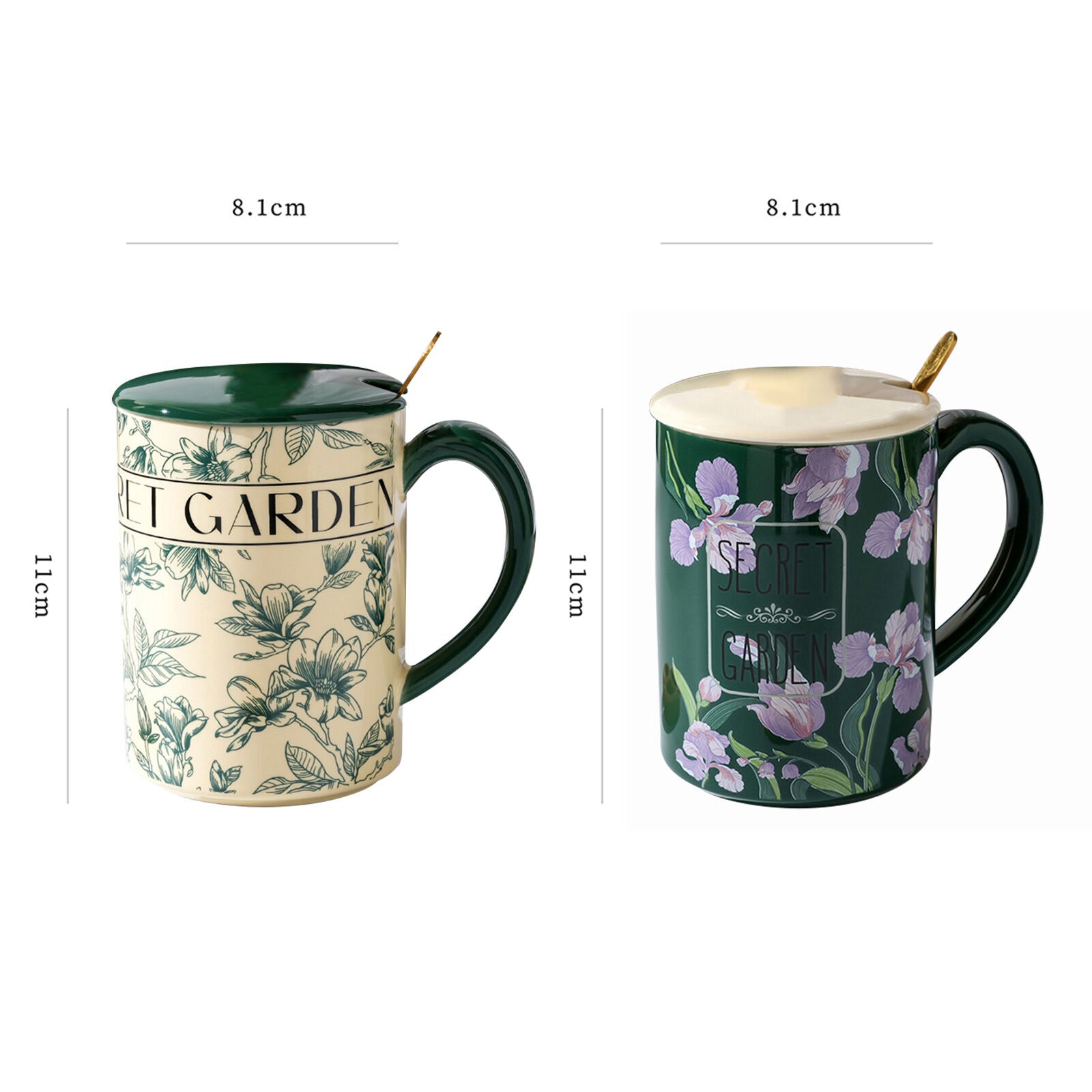 2X High-Fired Ceramic Porcelain Mug Set with Lid 400ml Vintage Floral Tea Spoon GREEN V274-HA-LA-P0024825-MUT