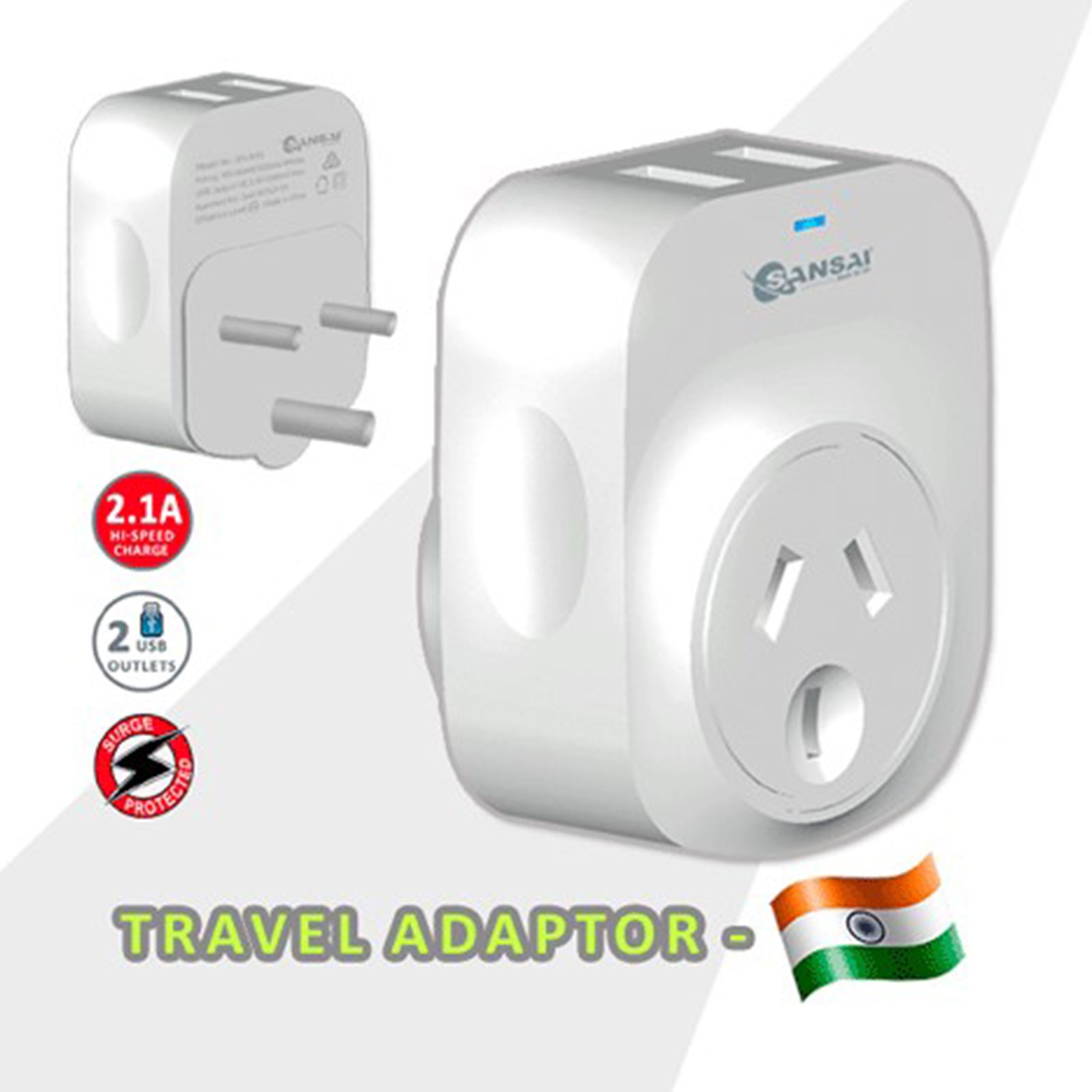 Sansai Travel Adaptor 2 X USB - India V274-HA-SS-STV-3013