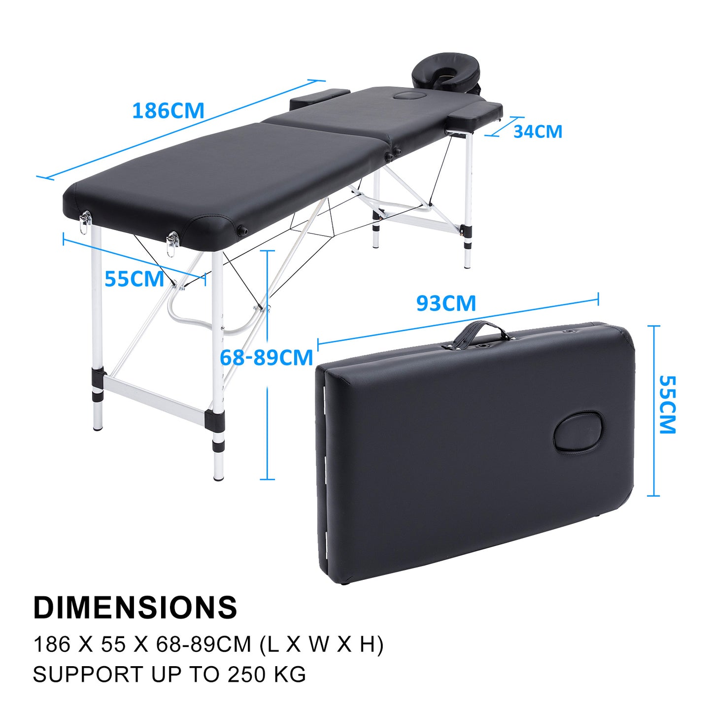 Aluminium Portable Beauty Massage Table Bed 2 Fold 55cm Black V274-MT-ALU55-BK