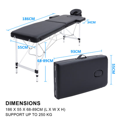 Aluminium Portable Beauty Massage Table Bed 2 Fold 55cm Black V274-MT-ALU55-BK
