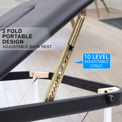 Aluminium Portable Beauty Massage Table Bed 3 Fold 70cm Black V274-MT-ALU70-BK