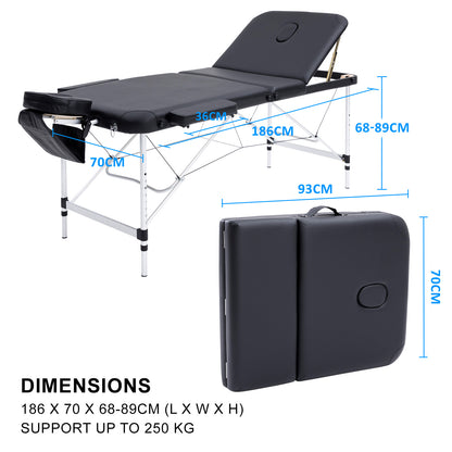 Aluminium Portable Beauty Massage Table Bed 3 Fold 70cm Black V274-MT-ALU70-BK