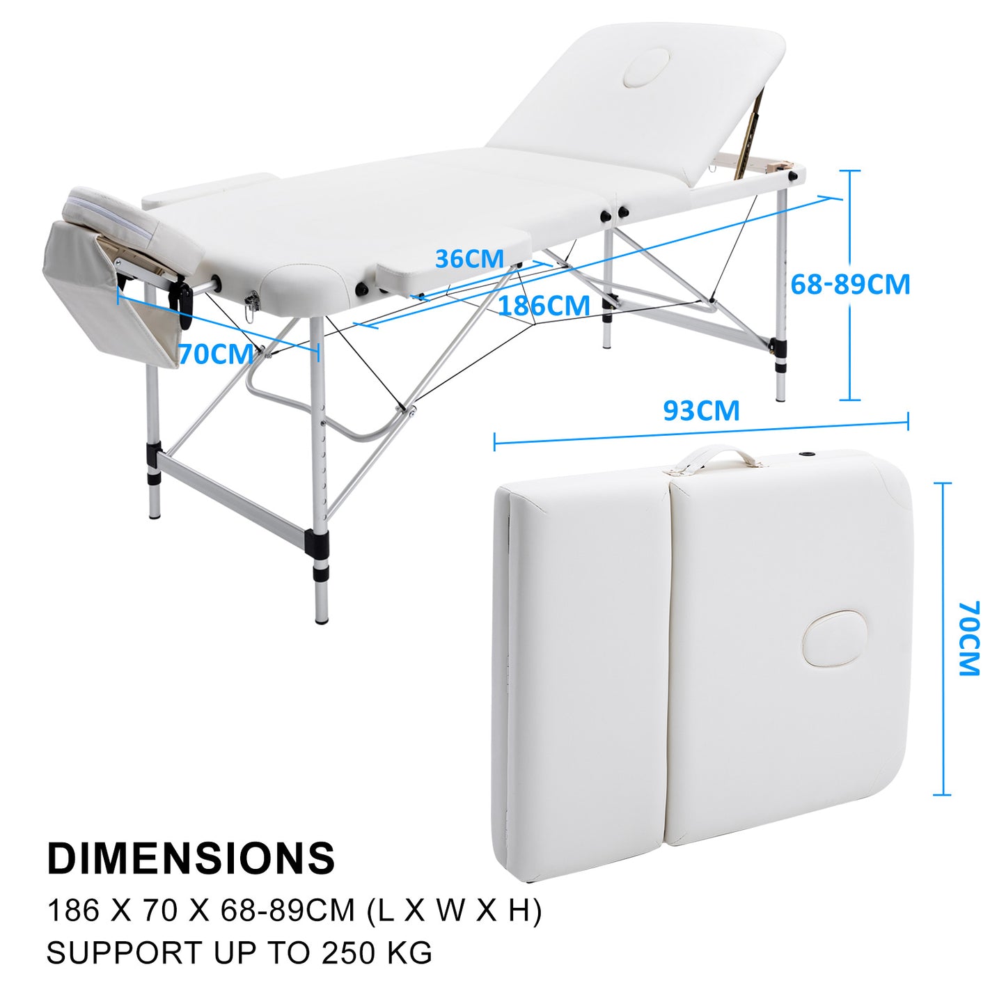Aluminium Portable Beauty Massage Table Bed 3 Fold 70cm White V274-MT-ALU70-WH