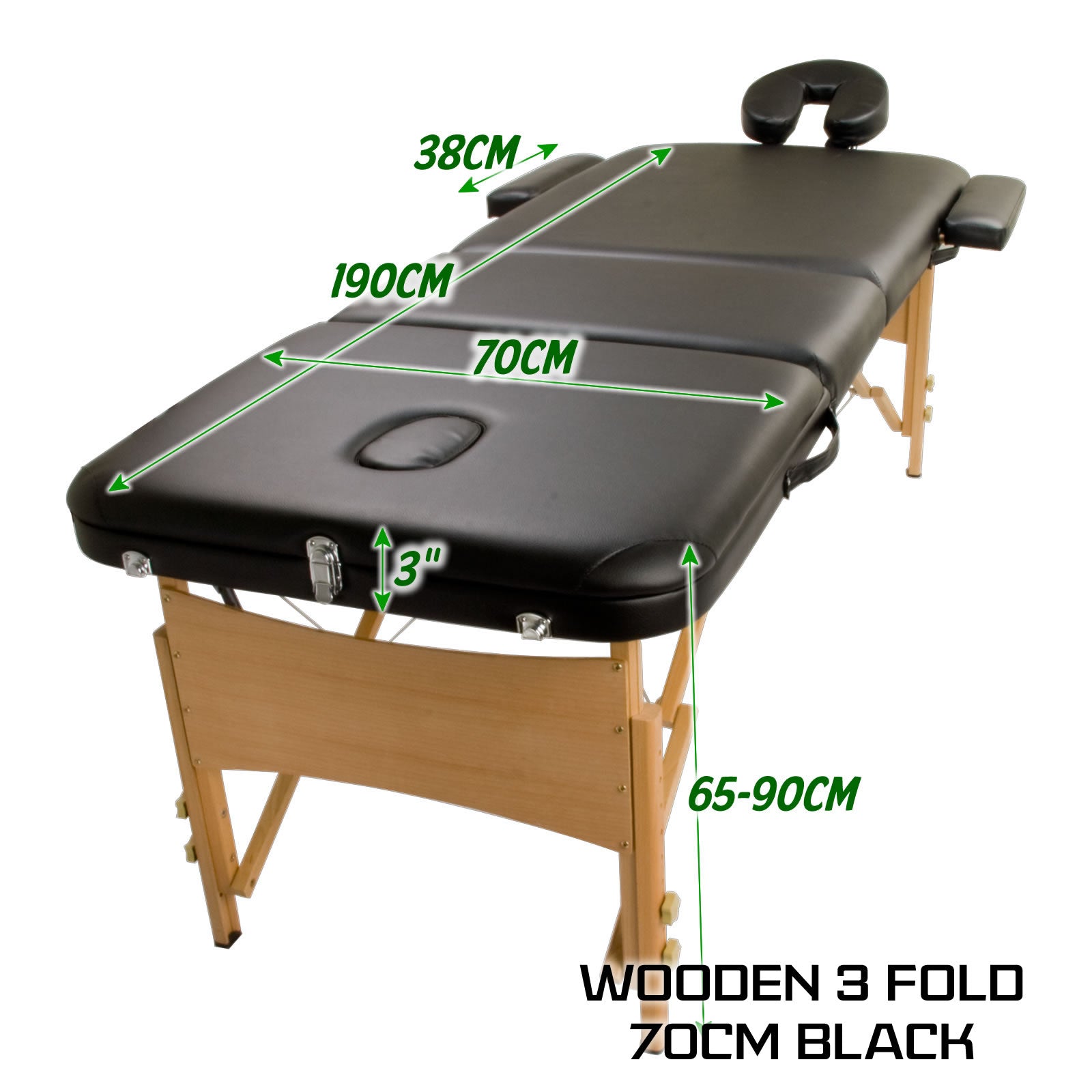 Wooden Portable Massage Table Bed 3 Fold 70cm BLACK V274-MT-BLACK