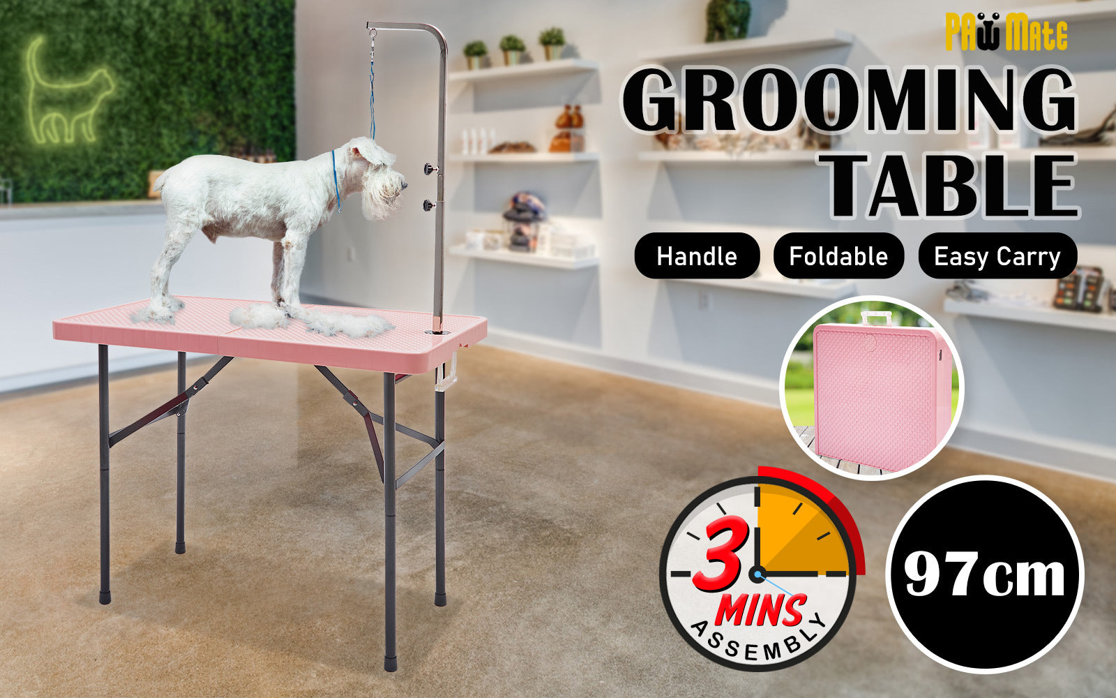 Paw Mate Pet Grooming Salon Table 97cm Adjustable Foldable Mobile Dog Cat for Commercial PINK V274-PET-PGT97-PK