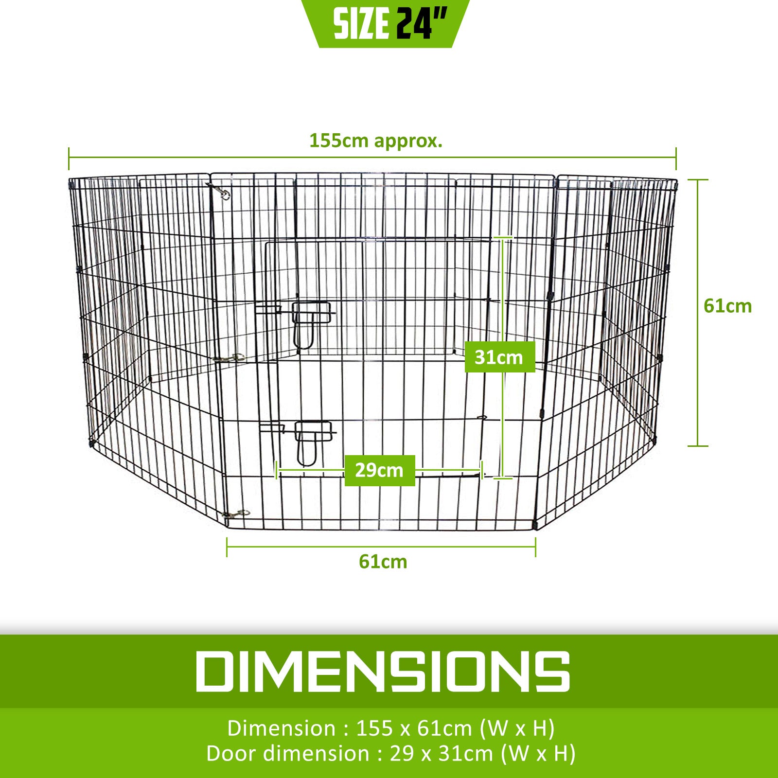 Pet Playpen Foldable Dog Cage 8 Panel 24in with Cover V274-PET-PP24-PPCV24-GN