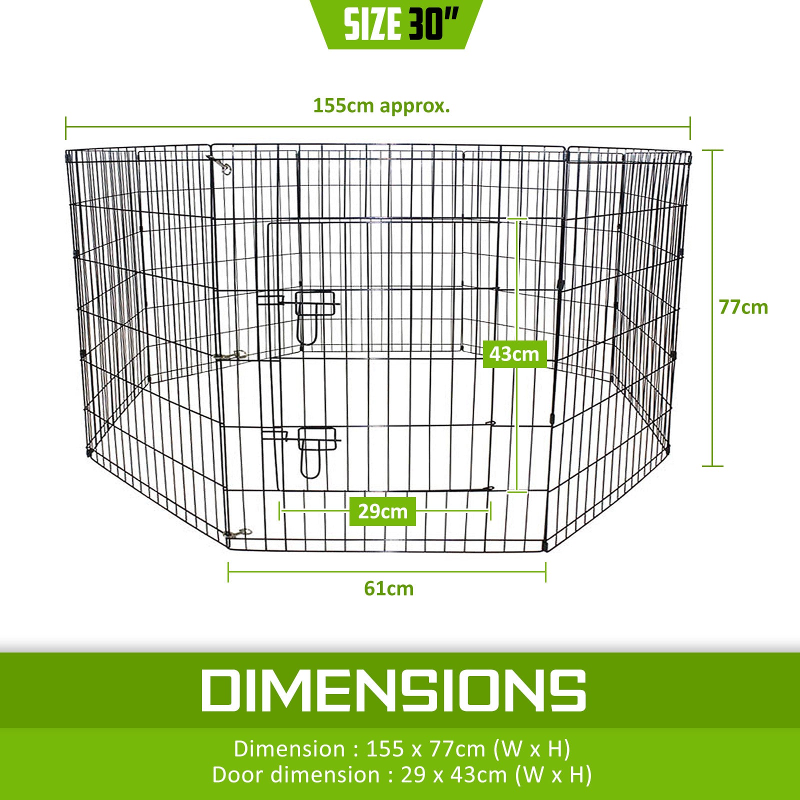 Pet Playpen Foldable Dog Cage 8 Panel 30in with Cover V274-PET-PP30-PPCV30-GN
