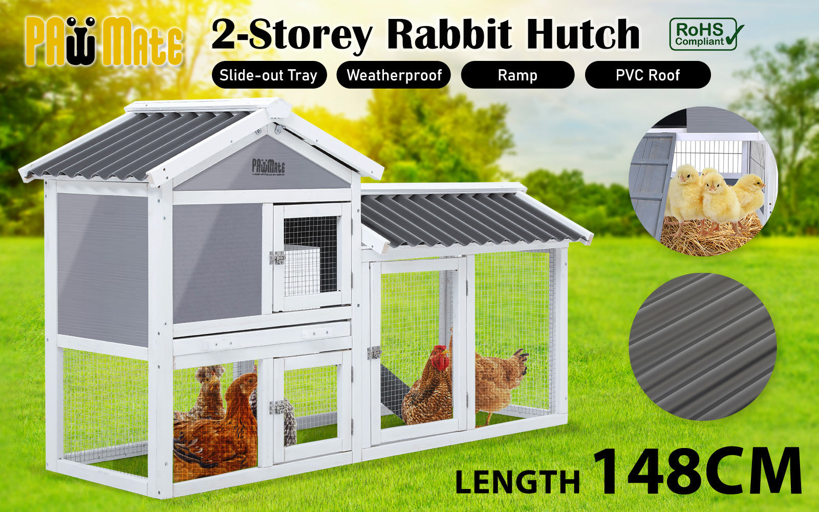 Rabbit Hutch Chicken Coop 147cm 2 Storey Pet Cage Run GRACIE V274-PET-RHPOLY1500S
