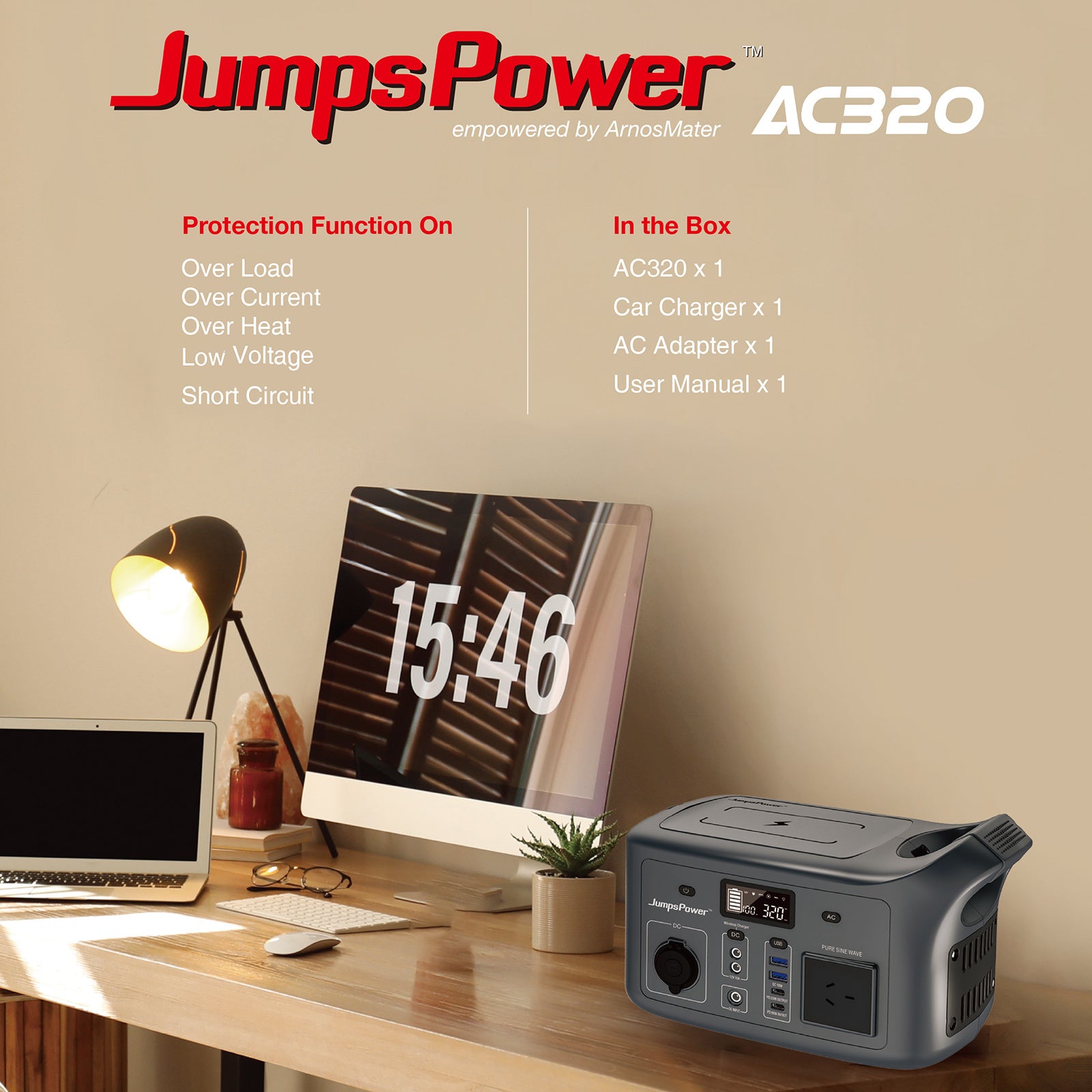 320W Portable Power Station JumpsPower Wireless Battery Charger 307Wh LED Light V274-VE-JP-PPS-AC320