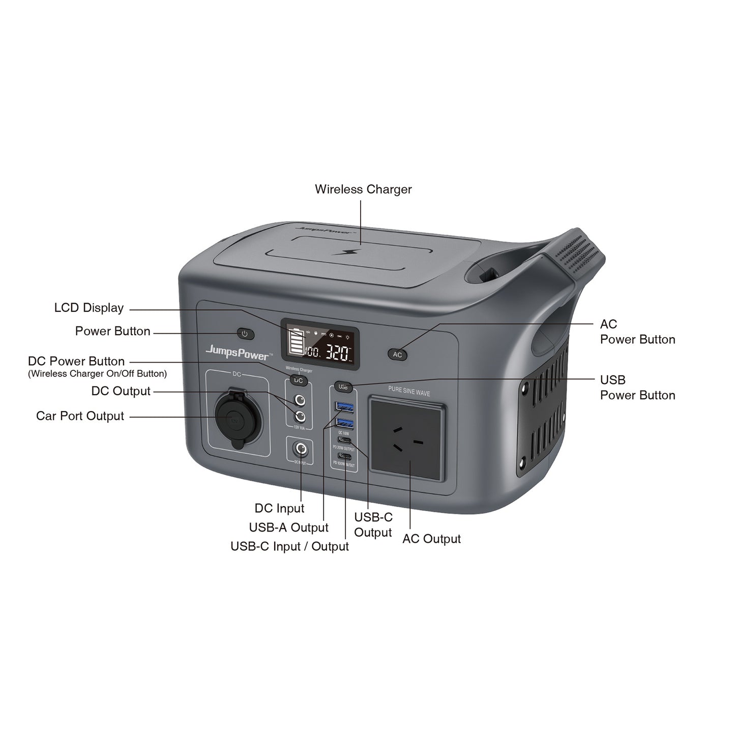 320W Portable Power Station JumpsPower Wireless Battery Charger 307Wh LED Light V274-VE-JP-PPS-AC320