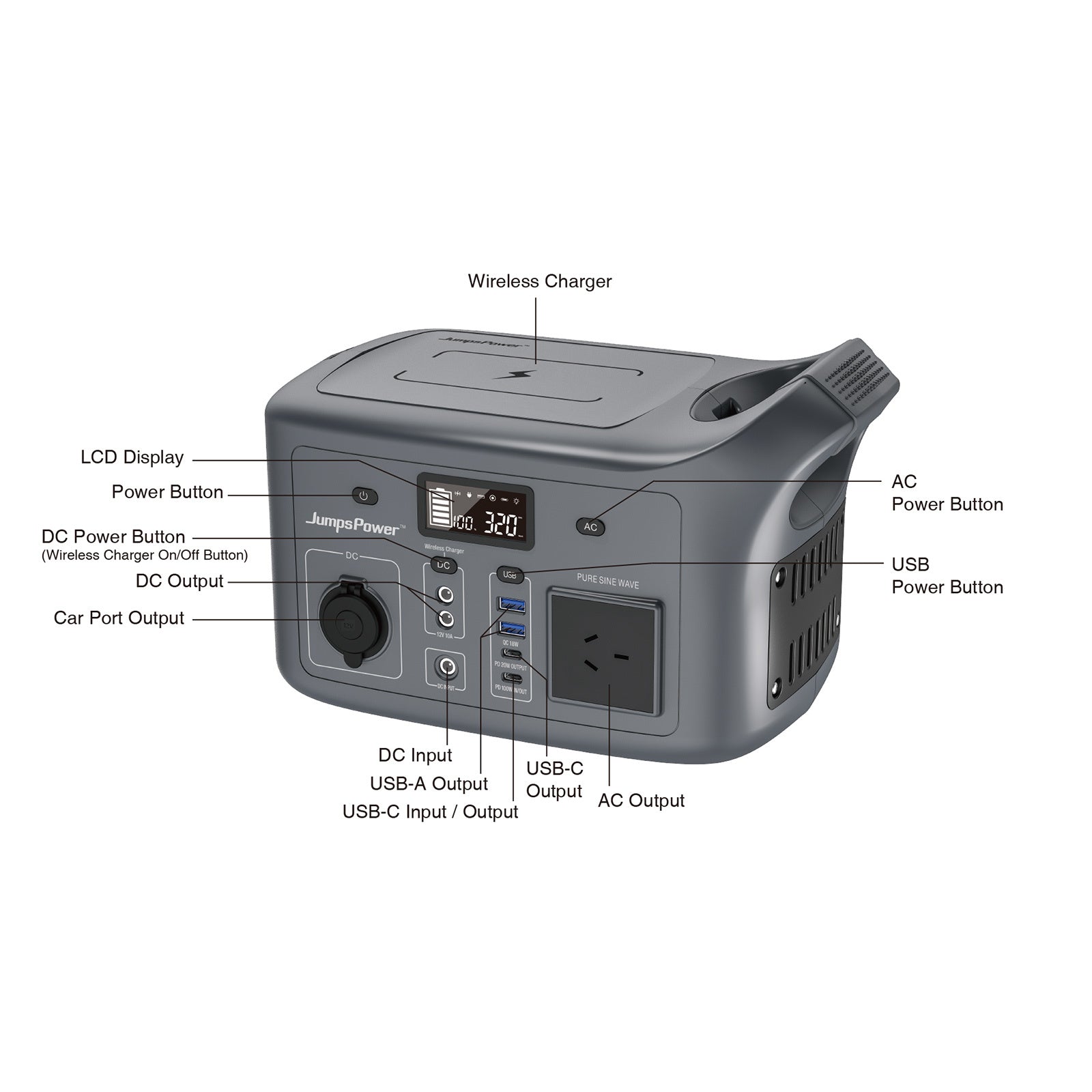 320W Portable Power Station JumpsPower Wireless Battery Charger 307Wh LED Light V274-VE-JP-PPS-AC320