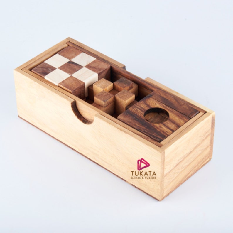 3 individual brainteaser wooden puzzles in a gift wooden box V277-3IBWP