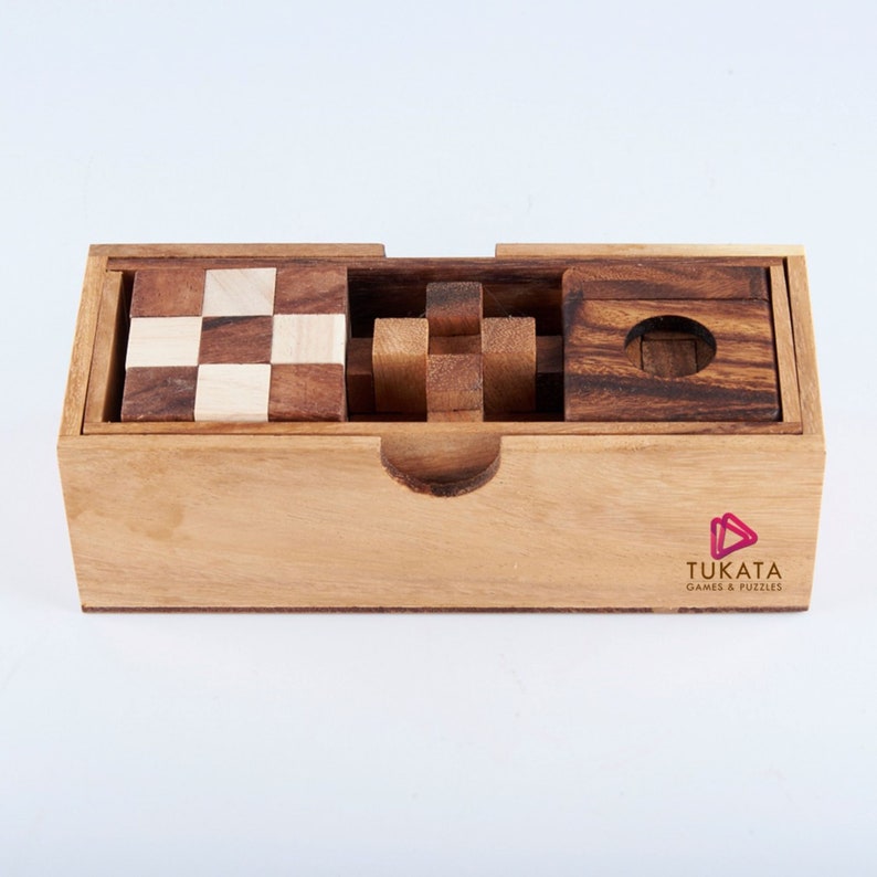 3 individual brainteaser wooden puzzles in a gift wooden box V277-3IBWP