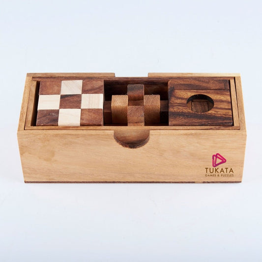 3 individual brainteaser wooden puzzles in a gift wooden box V277-3IBWP