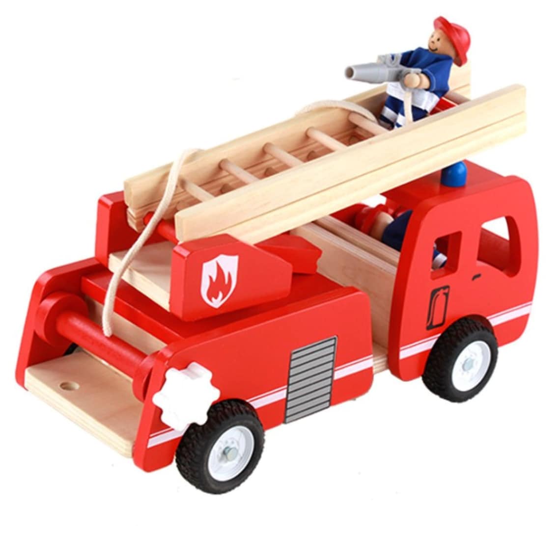 Fire truck wooden 3 years + with ladder and firemen Fire engine Red V277-FIRETRUCK