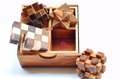 4 individual brainteaser wooden puzzles in a gift wooden box V277-IBWP